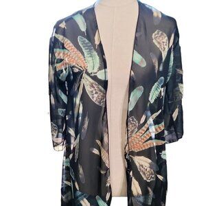 (966)Lilypad Black Green Feather Print Sheer Open Front Coverup Size S